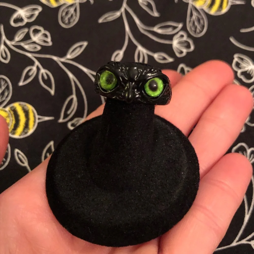Black Owl Ring with Green Eyes